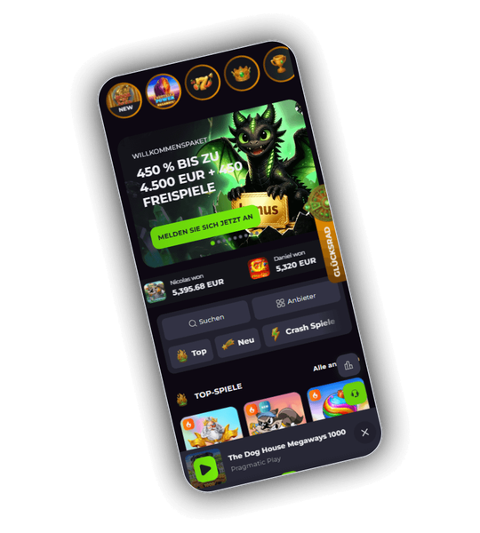 Eingangsbereich der Drakaris Casino Spielhalle mit Drachenmotiv und Willkommensbanner